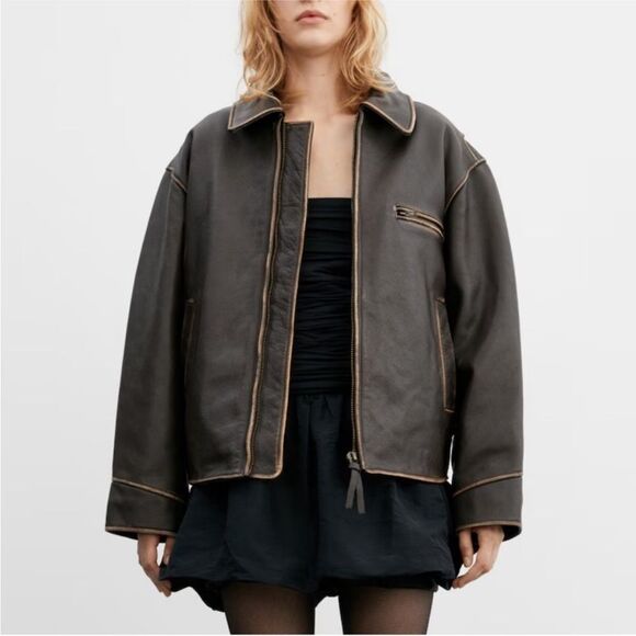 NEW Mango Oversized Worn-Effect Leather Jacket - Picture 11 of 17